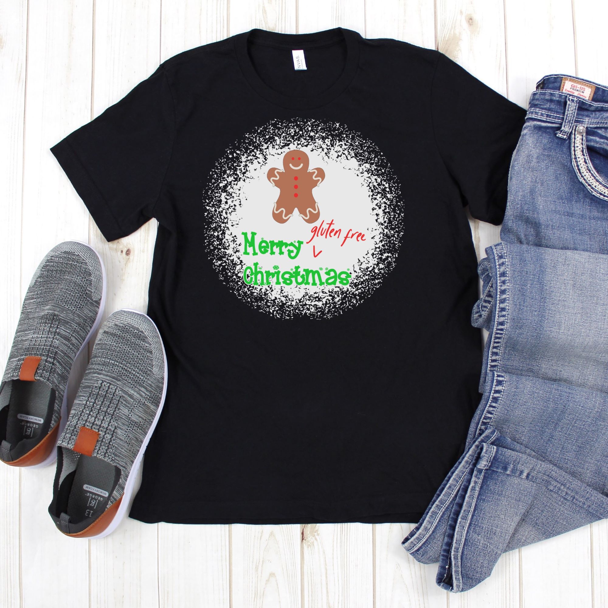 SHIRTS-2024-Merry-Gluten-Free-Christmas-GINGERBREAD-BOY-Shirt-BLACK-1-Bella-3001-Mens