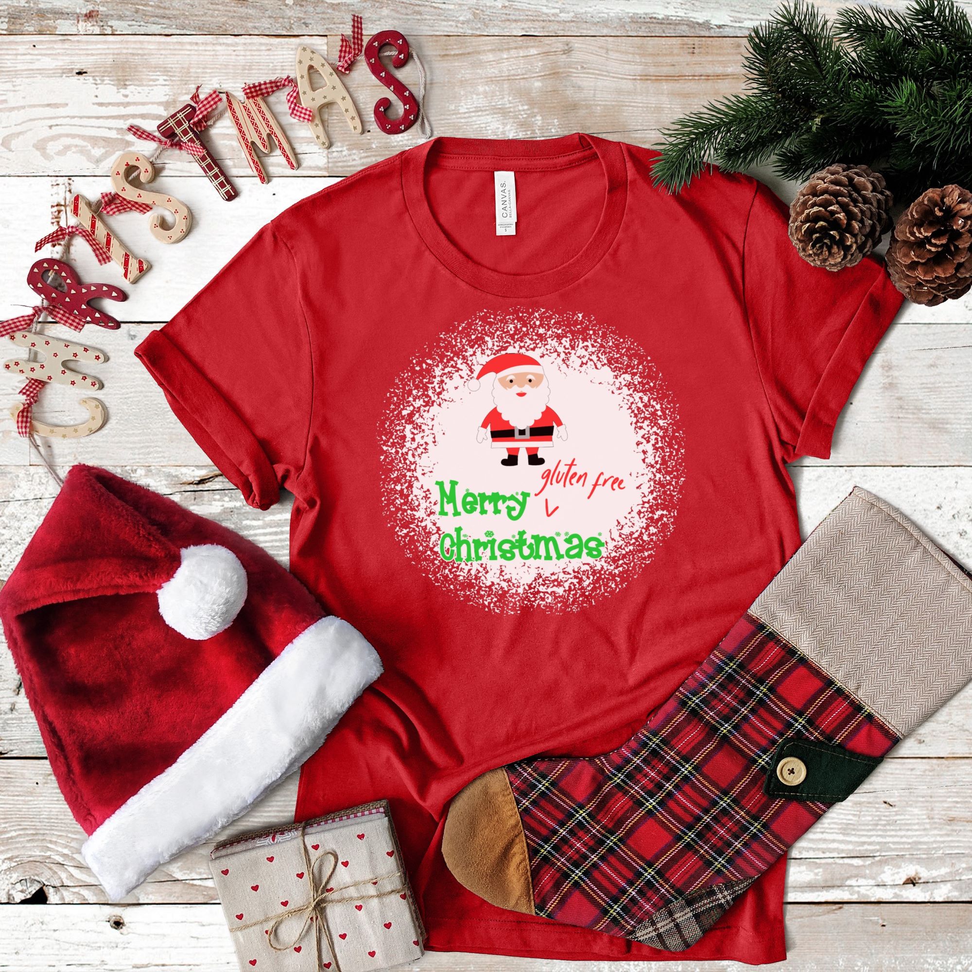 SHIRTS-2024-Merry-Gluten-Free-Christmas-SANTA-Shirt-RED-1-Bella-3001-Womens