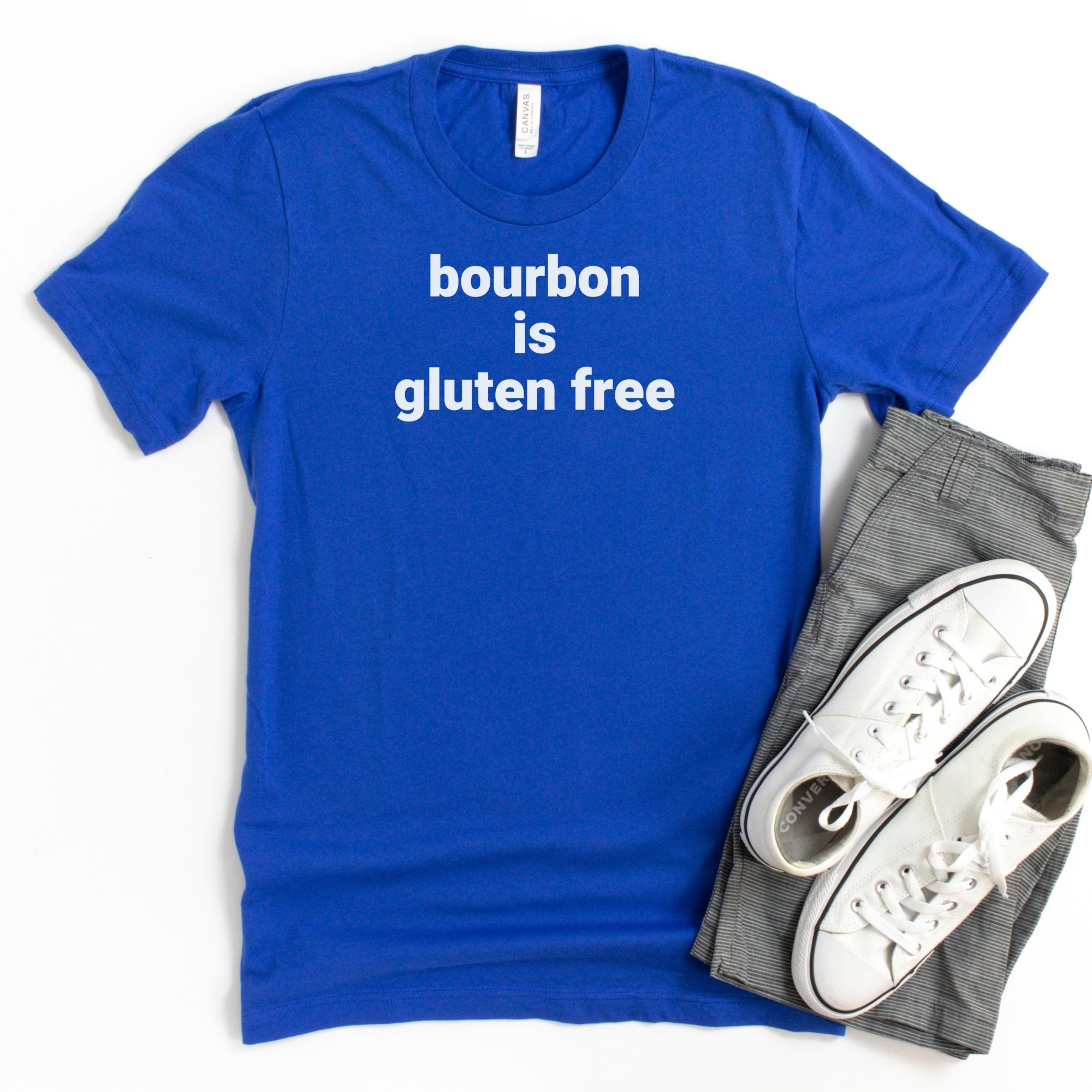 SHIRTS-2024-Bourbon-is-Gluten-Free-Shirt-BLUE-1-Bella-3001-Mens