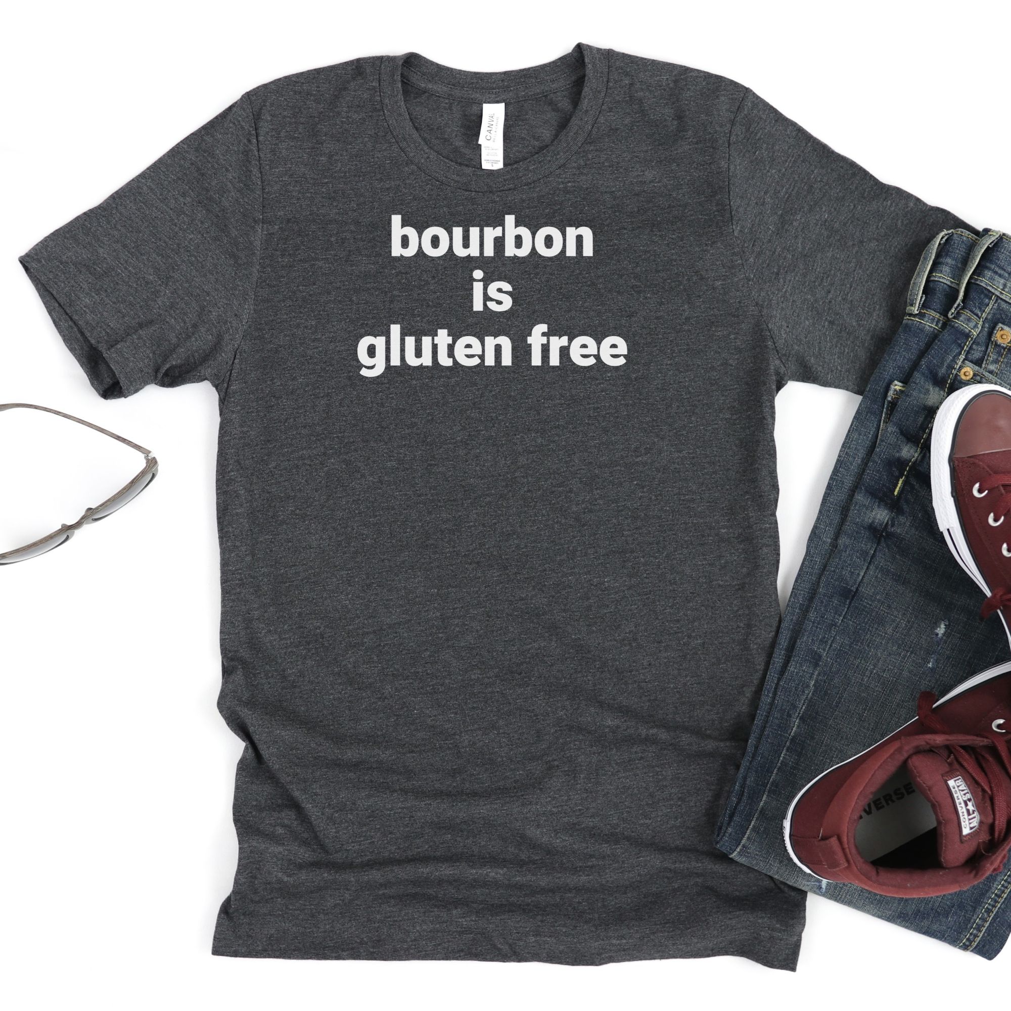 SHIRTS-2024-Bourbon-is-Gluten-Free-Shirt-DARK-GREY-Heather-1-Bella-3001-Mens