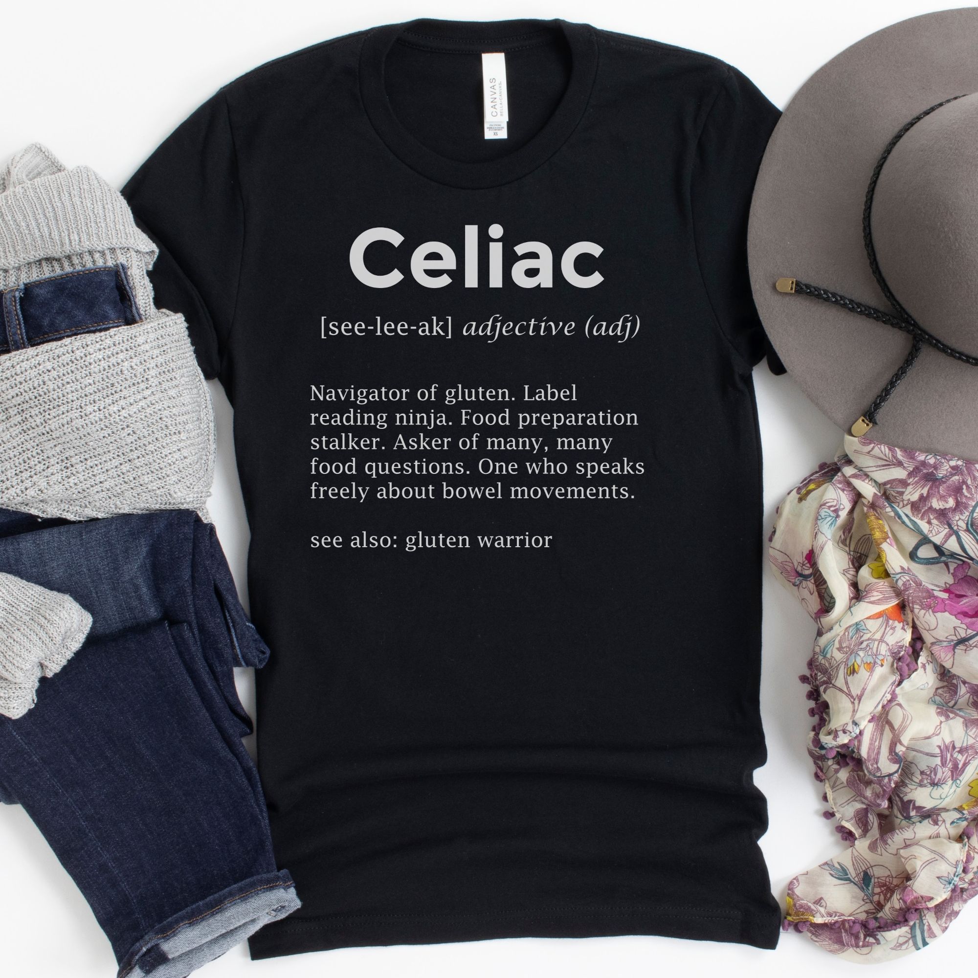 SHIRTS-2024-Celiac-Definition-Shirt-BLACK-1-Bella-3001-Womens