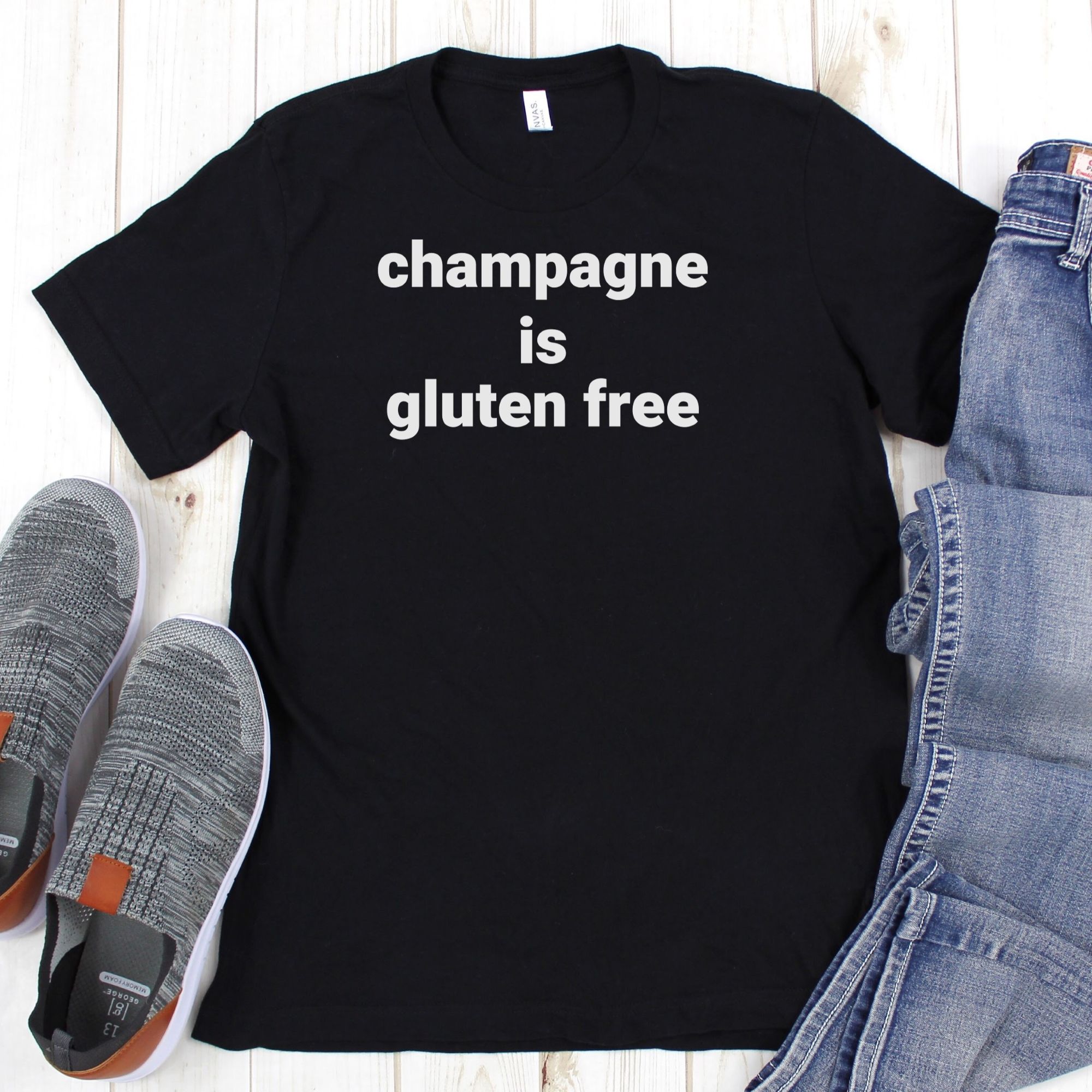 SHIRTS-2024-Champagne-is-Gluten-Free-Shirt-BLACK-1-Bella-3001-Mens