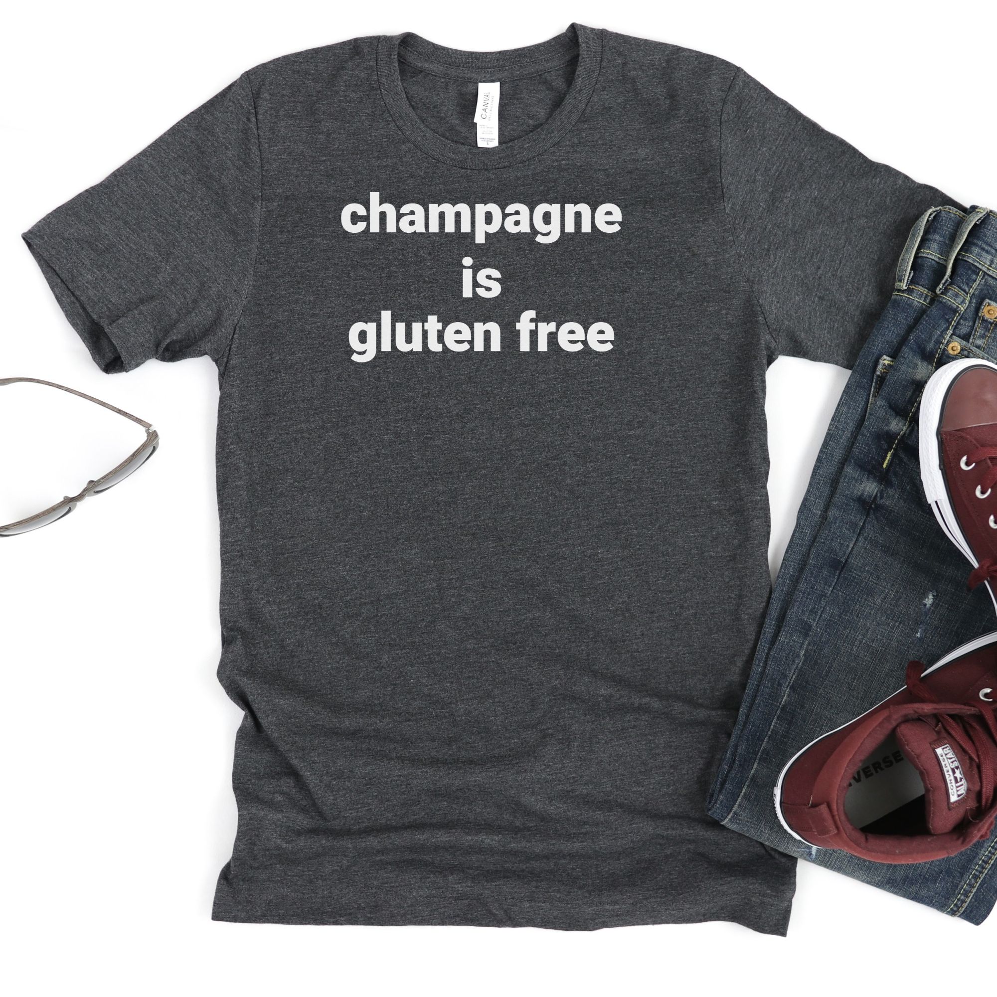 SHIRTS-2024-Champagne-is-Gluten-Free-Shirt-DARK-GREY-Heather-1-Bella-3001-Mens