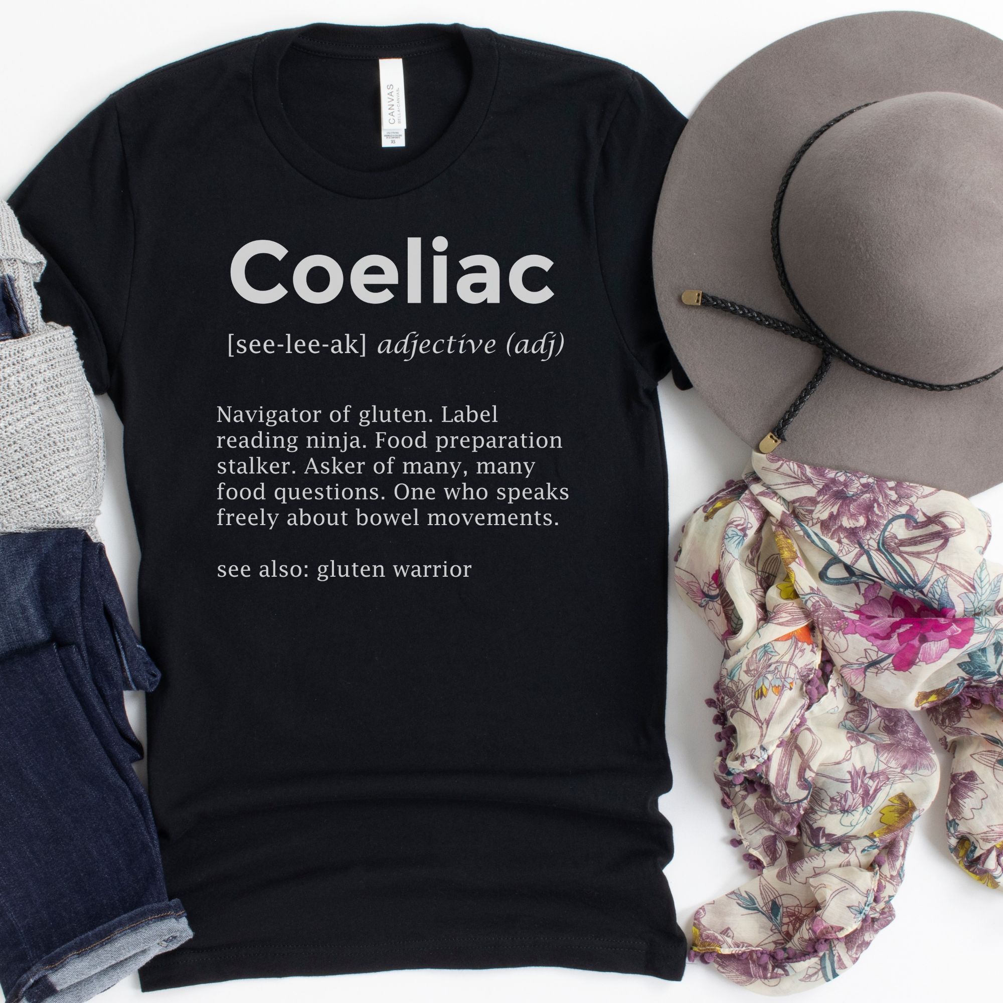 SHIRTS-2024-Coeliac-Definition-Shirt-BLACK-1-Bella-3001-Womens