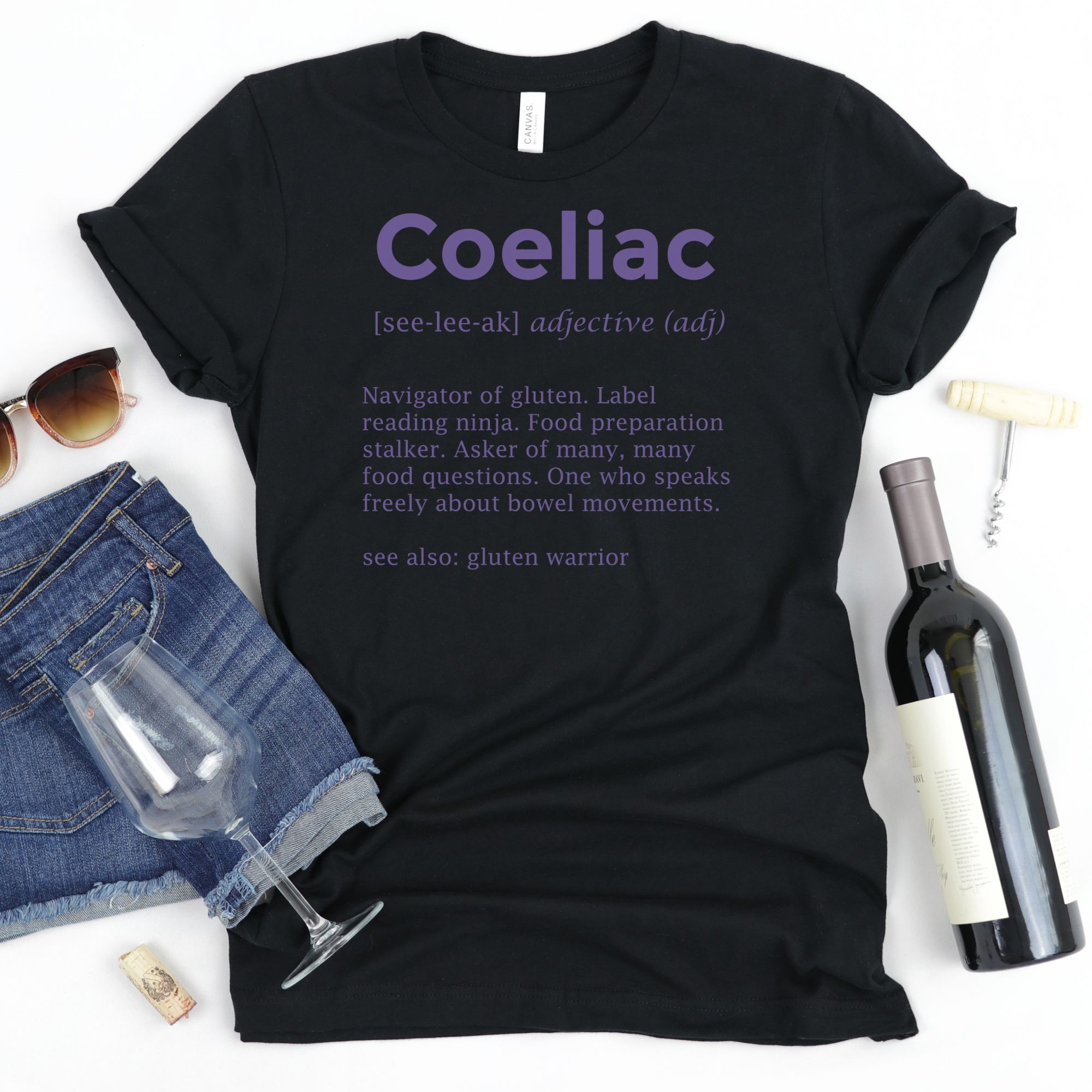 SHIRTS-2024-Coeliac-Definition-Shirt-PURPLE-on-BLACK-1-Bella-3001-Womens