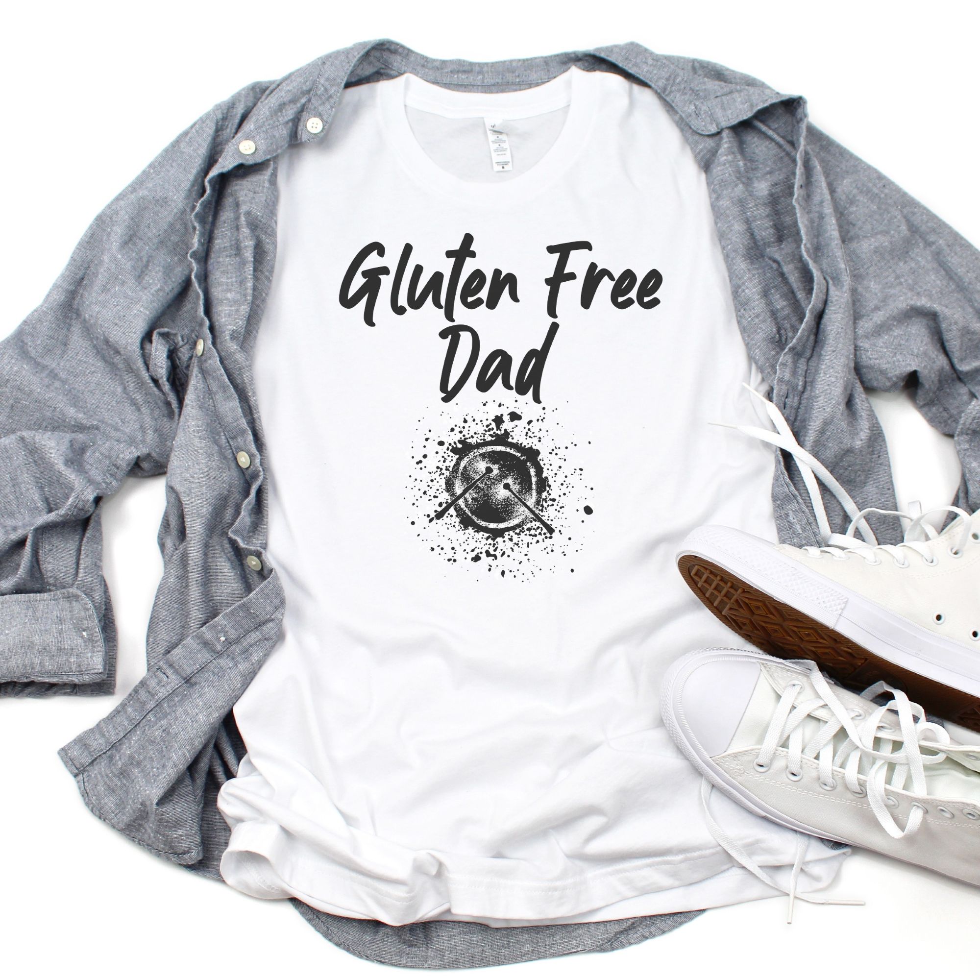 SHIRTS-2024-Gluten-Free-Dad-Drums-Shirt-WHITE-1-Bella-3001-Mens