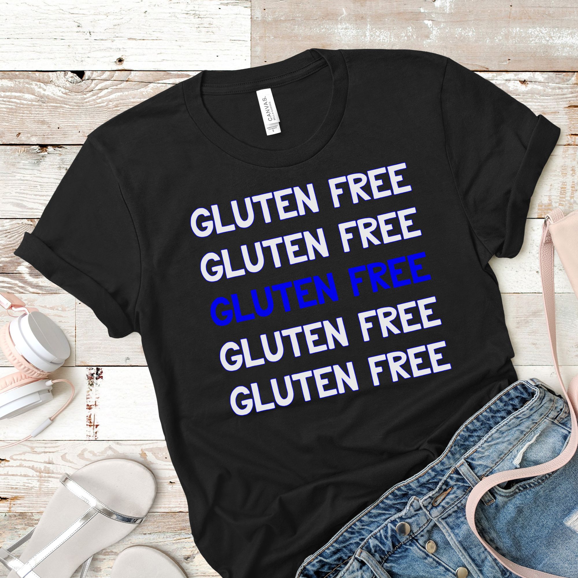 SHIRTS-2024-Gluten-Free-Repeat-Shirt-BLUE-on-BLACK-1-Bella-3001-Womens