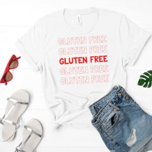SHIRTS-2024-Gluten-Free-Repeat-Shirt-RED-on-WHITE-1-Bella-3001-Womens