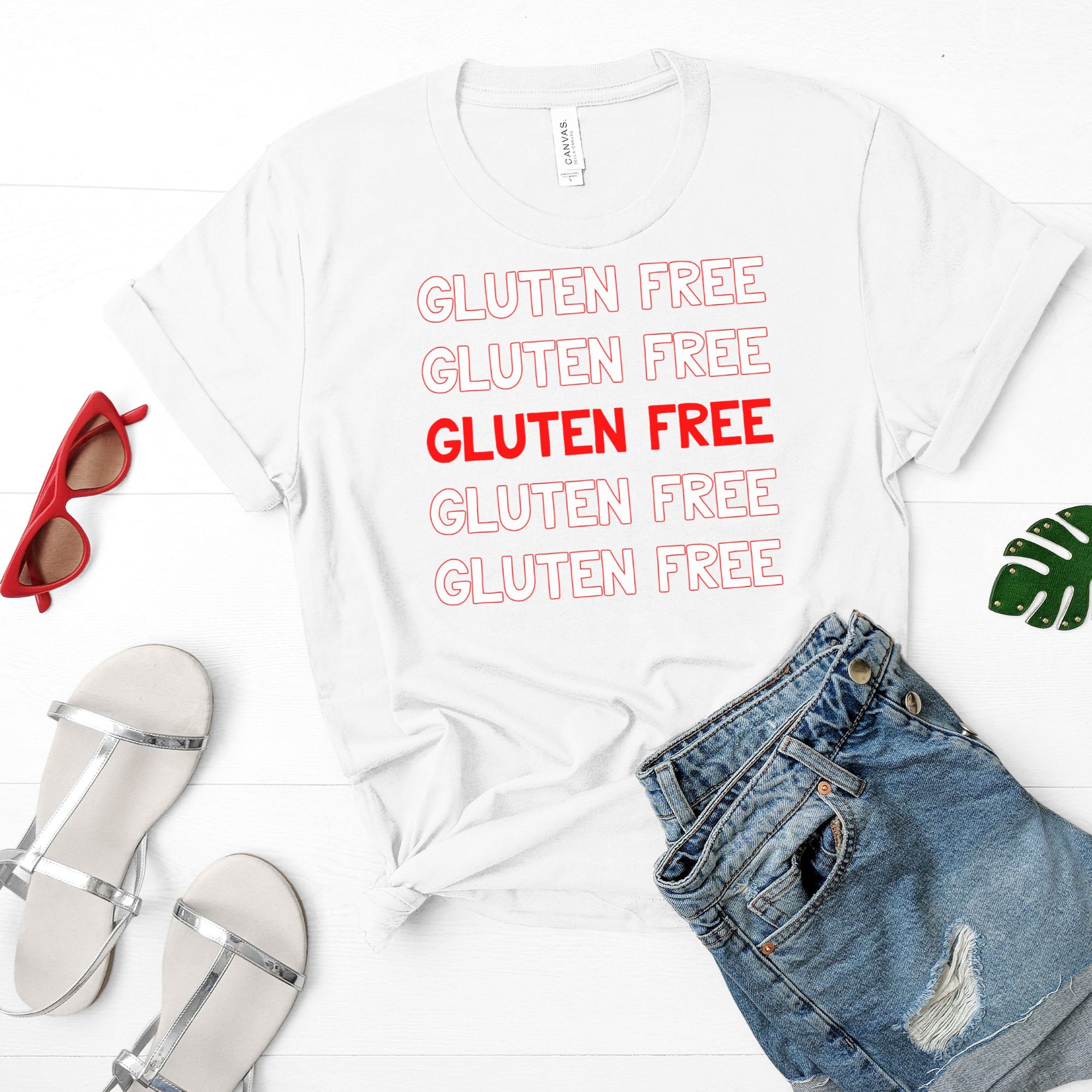 SHIRTS-2024-Gluten-Free-Repeat-Shirt-RED-on-WHITE-1-Bella-3001-Womens