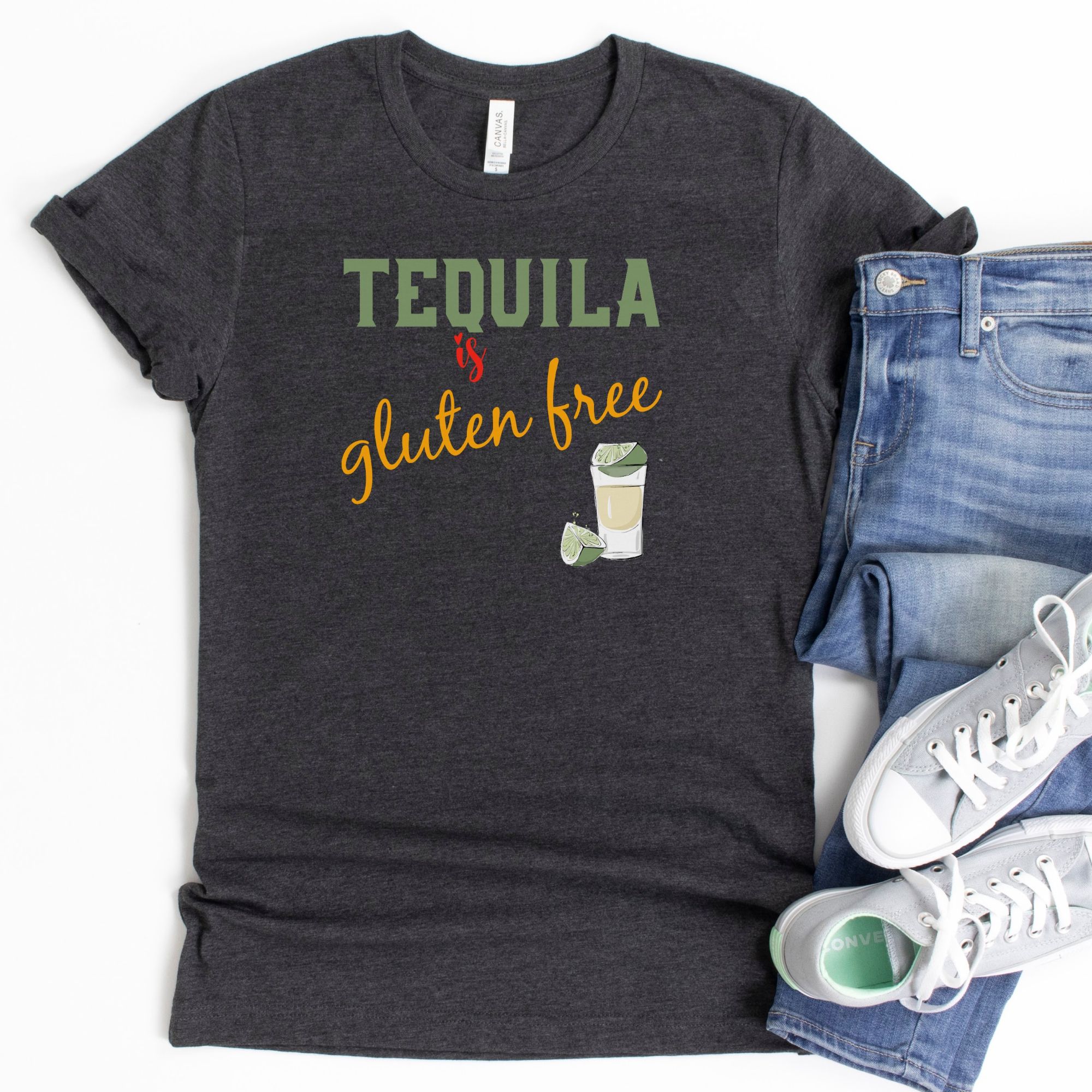 SHIRTS-2024-Tequila-is-Gluten-Free-Shirt-DARK-GREY-Heather-1-Bella-3001-Womens