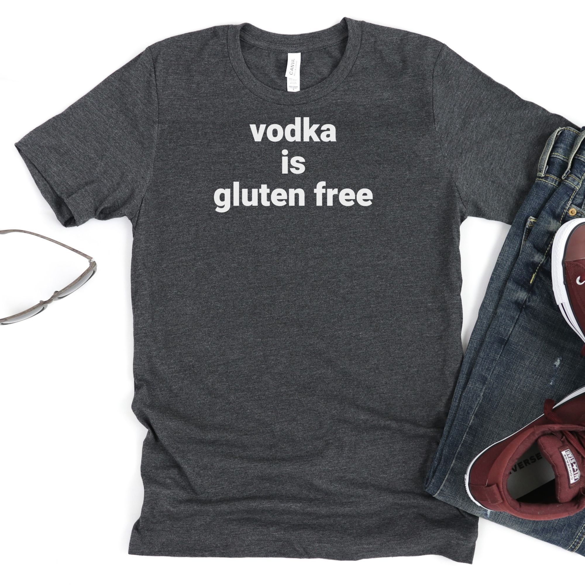SHIRTS-2024-Vodka-is-Gluten-Free-Shirt-DARK-GREY-Heather-1-Bella-3001-Mens