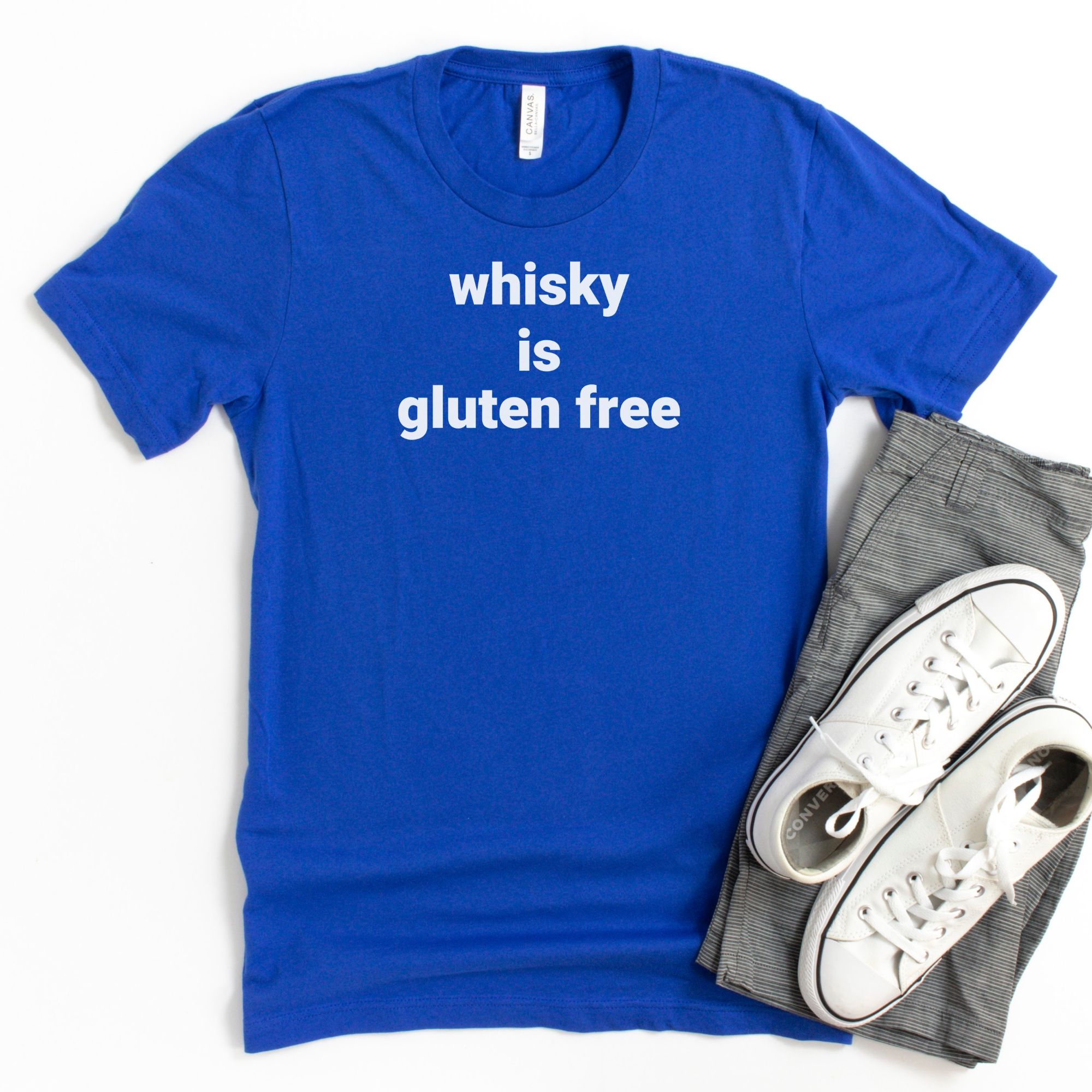 SHIRTS-2024-Whisky-is-Gluten-Free-Shirt-BLUE-1-Bella-3001-Mens