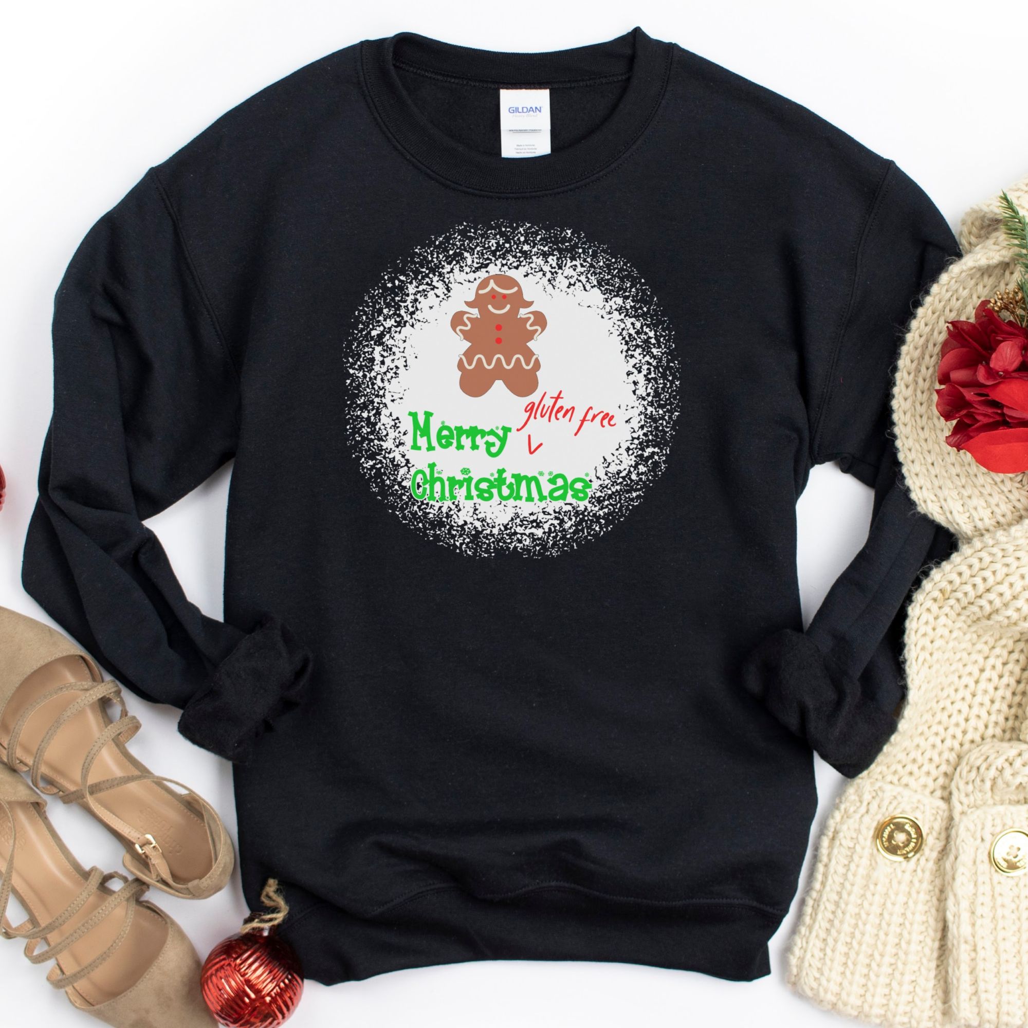 JUMPERS-2024-Merry-Gluten-Free-Christmas-GINGERBREAD-GIRL-Jumper-BLACK-1-Gildan-18000-Womens