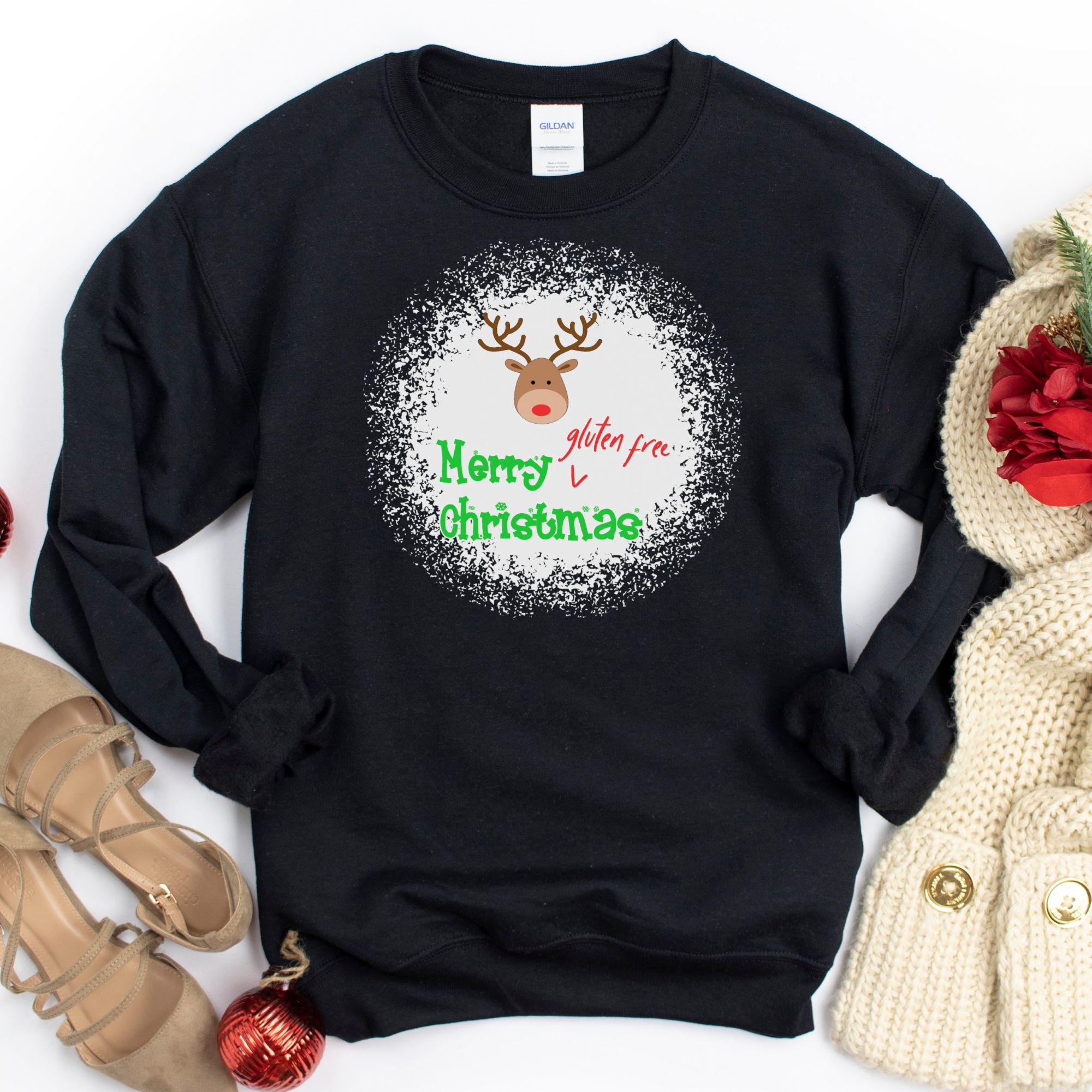 JUMPERS-2024-Merry-Gluten-Free-Christmas-REINDEER-Jumper-BLACK-1-Gildan-18000-Womens