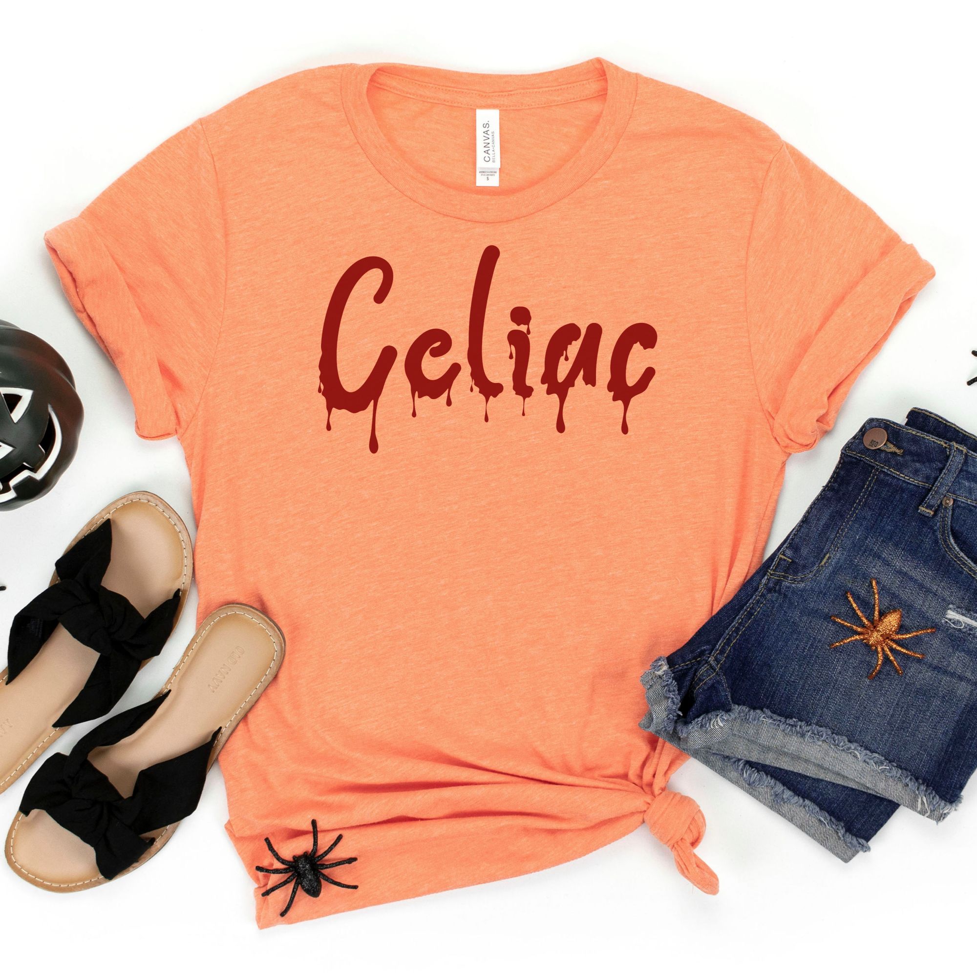 SHIRTS-2024-Celiac-Halloween-Shirt-BLOOD-DRIP-ORANGE-1-Bella-3001-Womens
