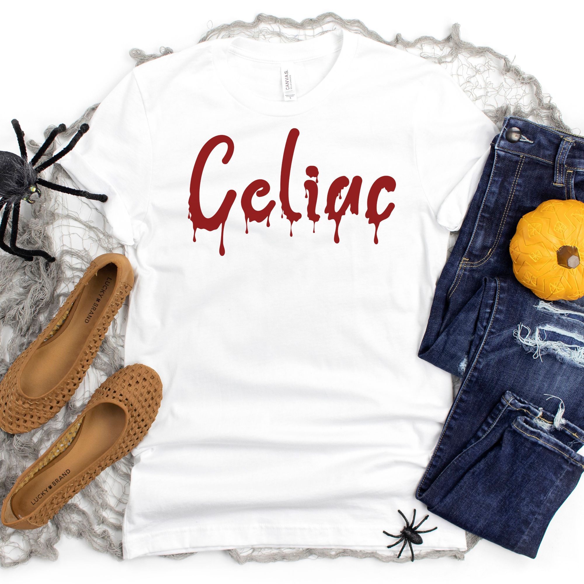 SHIRTS-2024-Celiac-Halloween-Shirt-BLOOD-DRIP-WHITE-1-Bella-3001-Womens