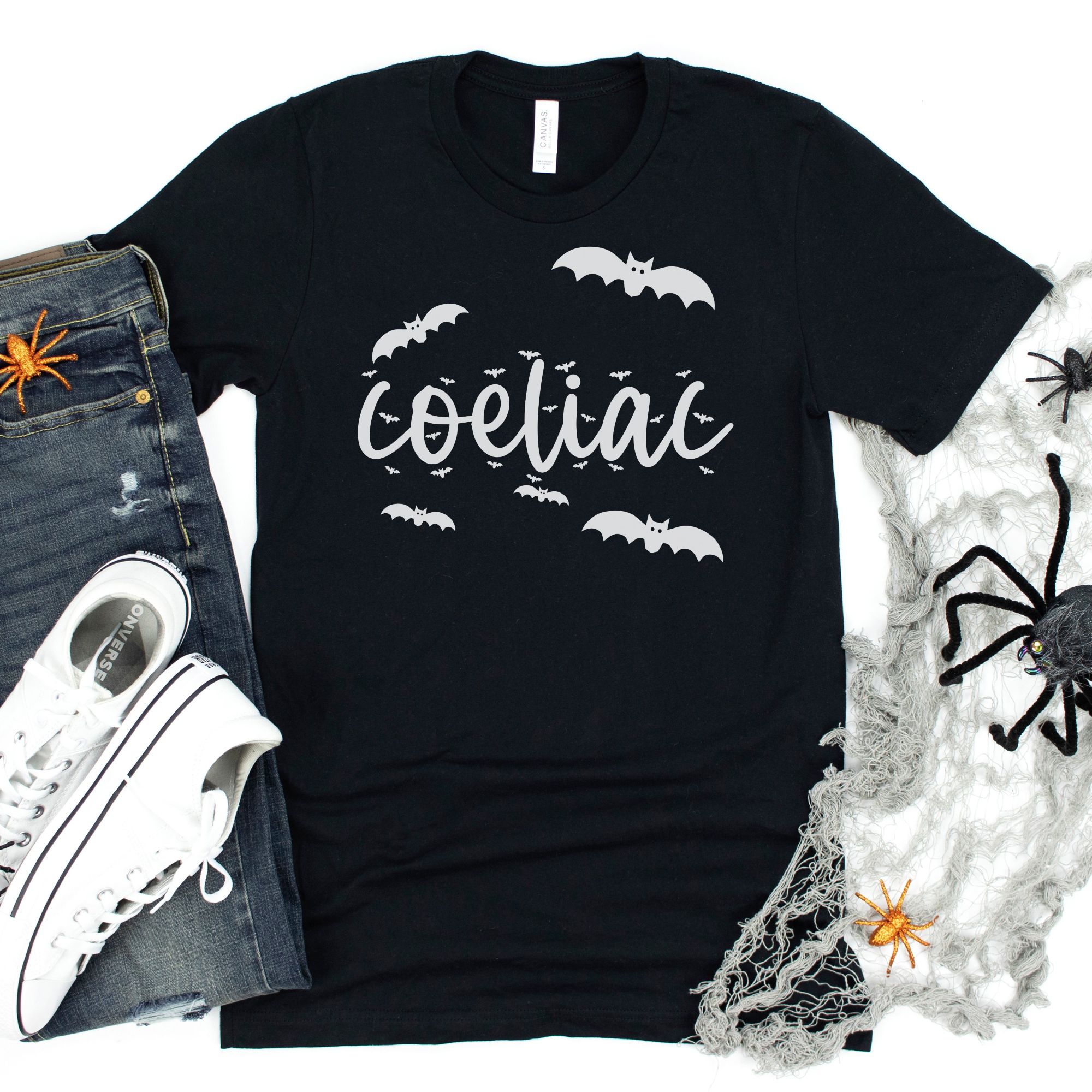 SHIRTS-2024-Coeliac-Halloween-Shirt-BATS-BLACK-1-Bella-3001-Mens