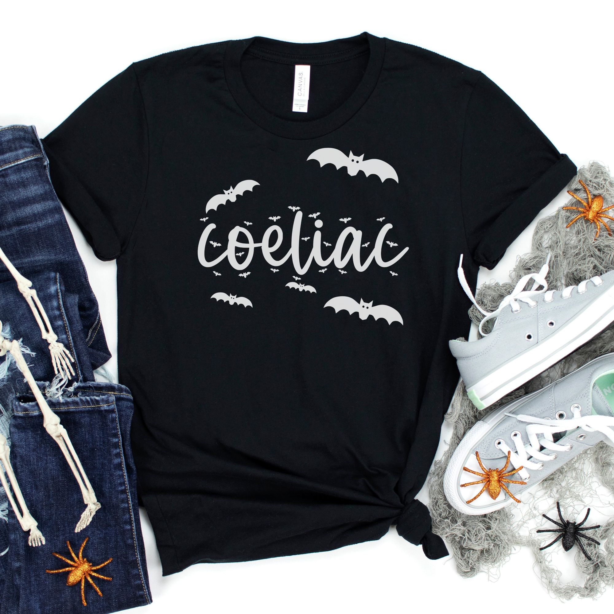 SHIRTS-2024-Coeliac-Halloween-Shirt-BATS-BLACK-1-Bella-3001-Womens