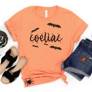 SHIRTS-2024-Coeliac-Halloween-Shirt-BATS-ORANGE-1-Bella-3001-Womens