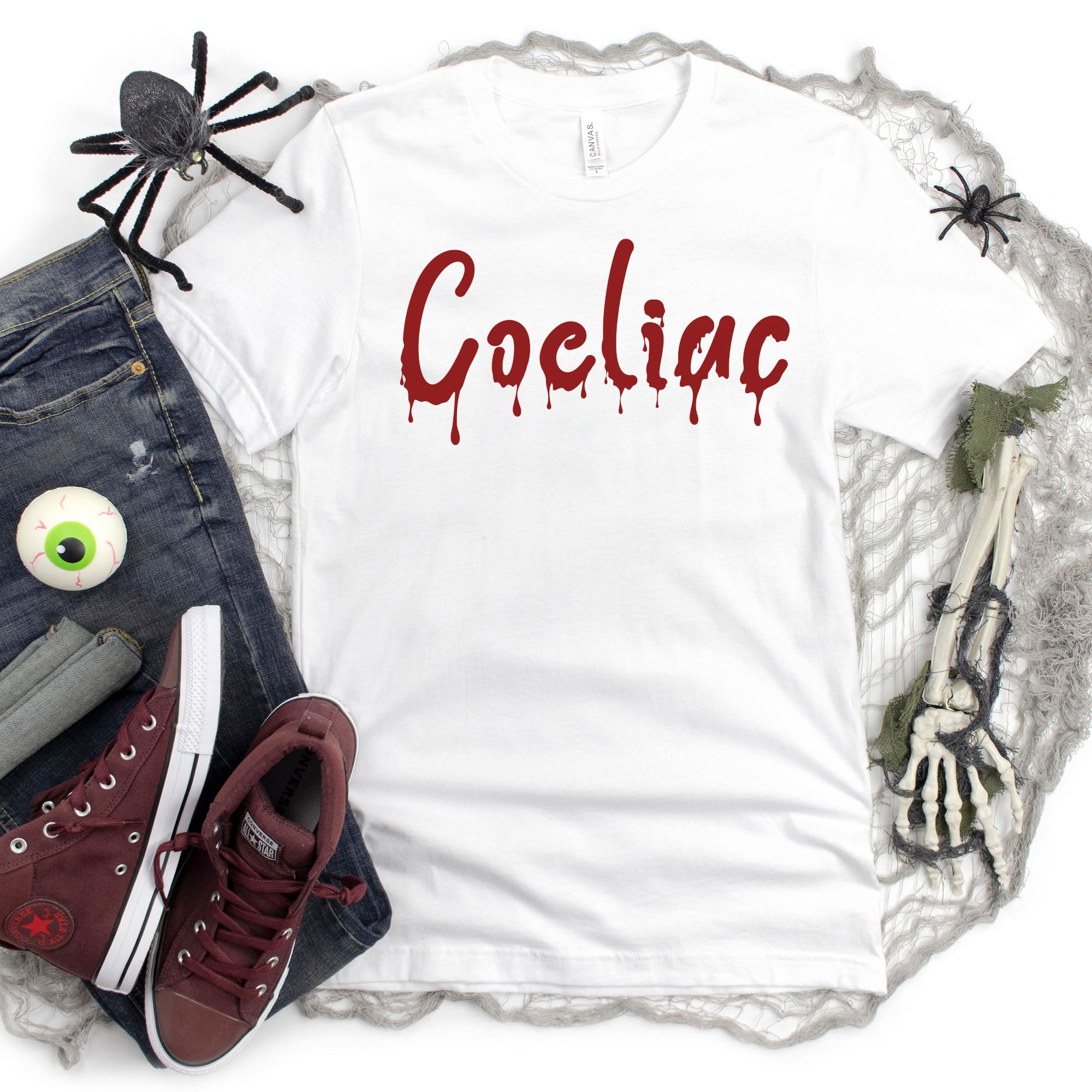 SHIRTS-2024-Coeliac-Halloween-Shirt-BLOOD-DRIP-WHITE-1-Bella-3001-Mens