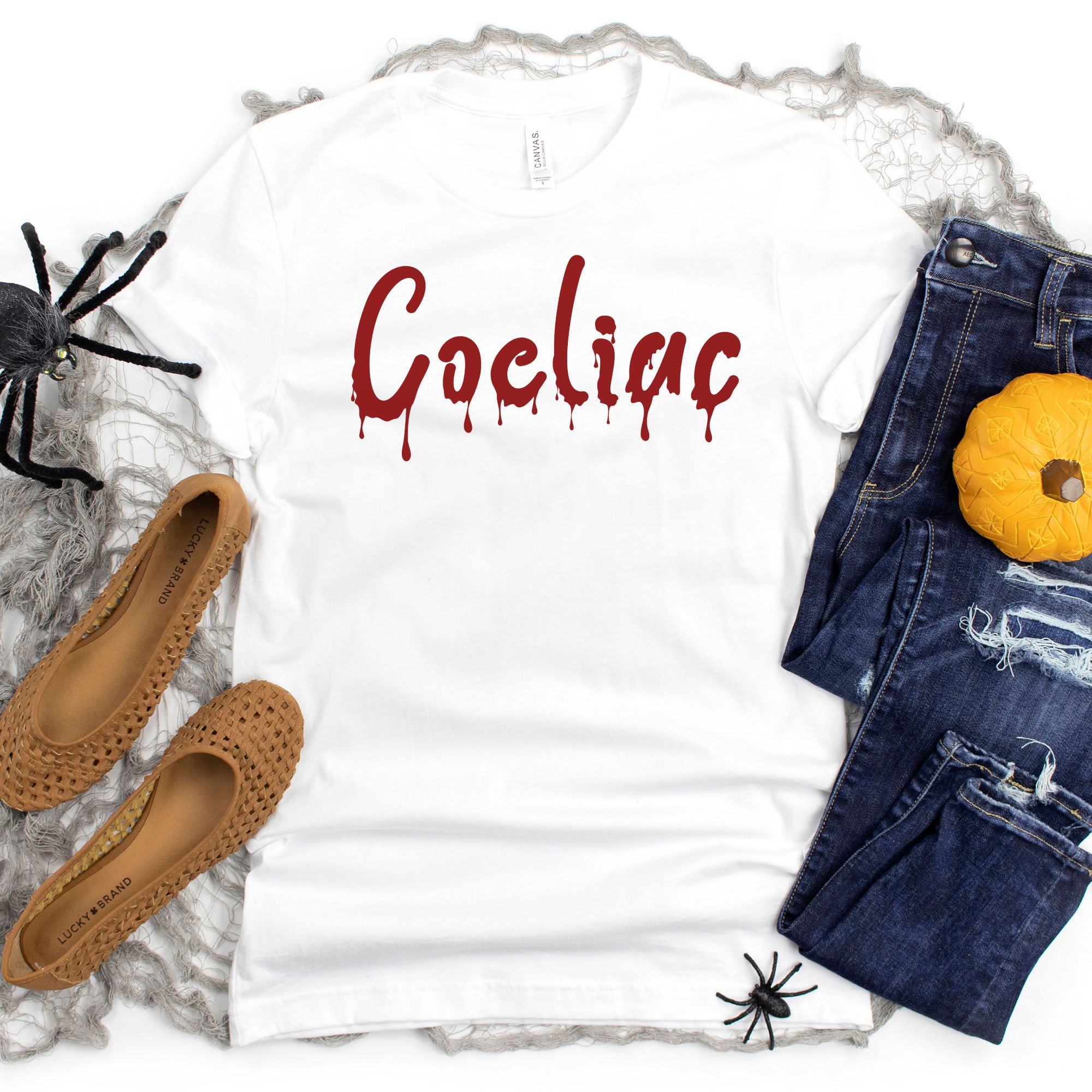 SHIRTS-2024-Coeliac-Halloween-Shirt-BLOOD-DRIP-WHITE-1-Bella-3001-Womens