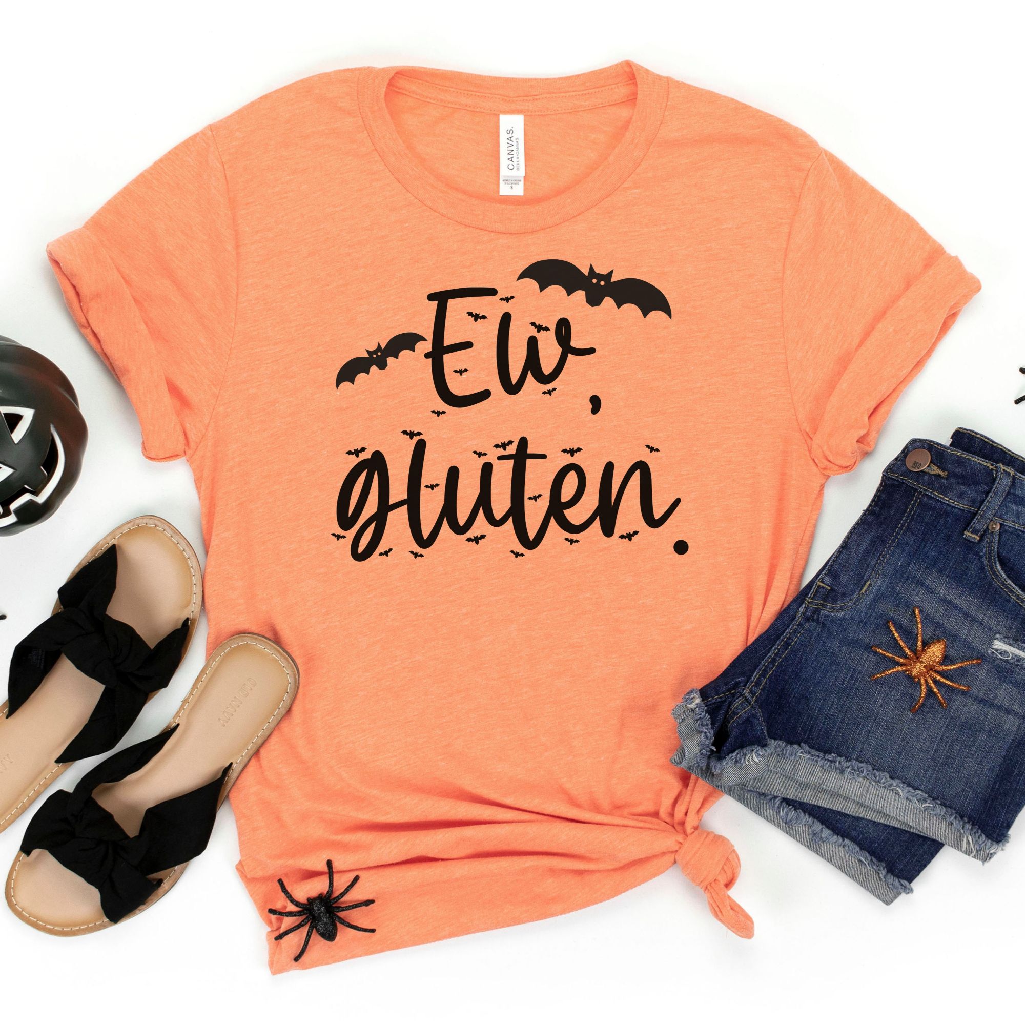 SHIRTS-2024-Ew-Gluten-Halloween-Shirt-BATS-ORANGE-1-Bella-3001-Womens