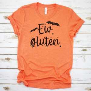 SHIRTS-2024-Ew-Gluten-Halloween-Shirt-BATS-ORANGE-2-Bella-3001-Womens