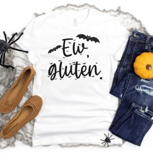 SHIRTS-2024-Ew-Gluten-Halloween-Shirt-BATS-WHITE-1-Bella-3001-Womens