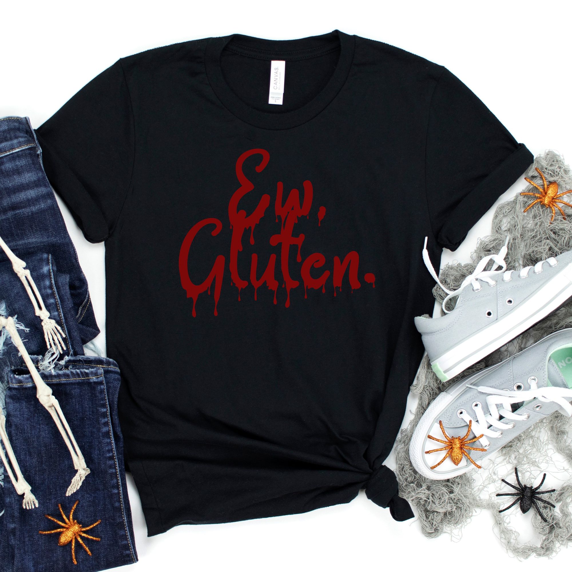 SHIRTS-2024-Ew-Gluten-Halloween-Shirt-BLOOD-DRIP-BLACK-1-Bella-3001-Womens