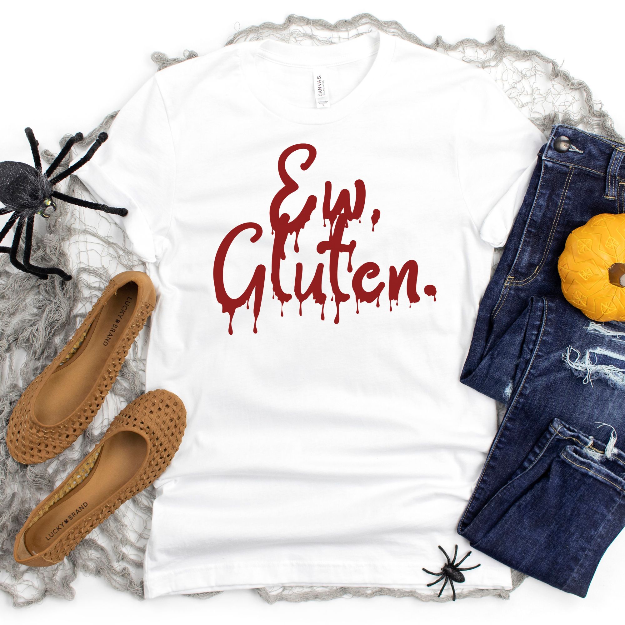 SHIRTS-2024-Ew-Gluten-Halloween-Shirt-BLOOD-DRIP-WHITE-1-Bella-3001-Womens