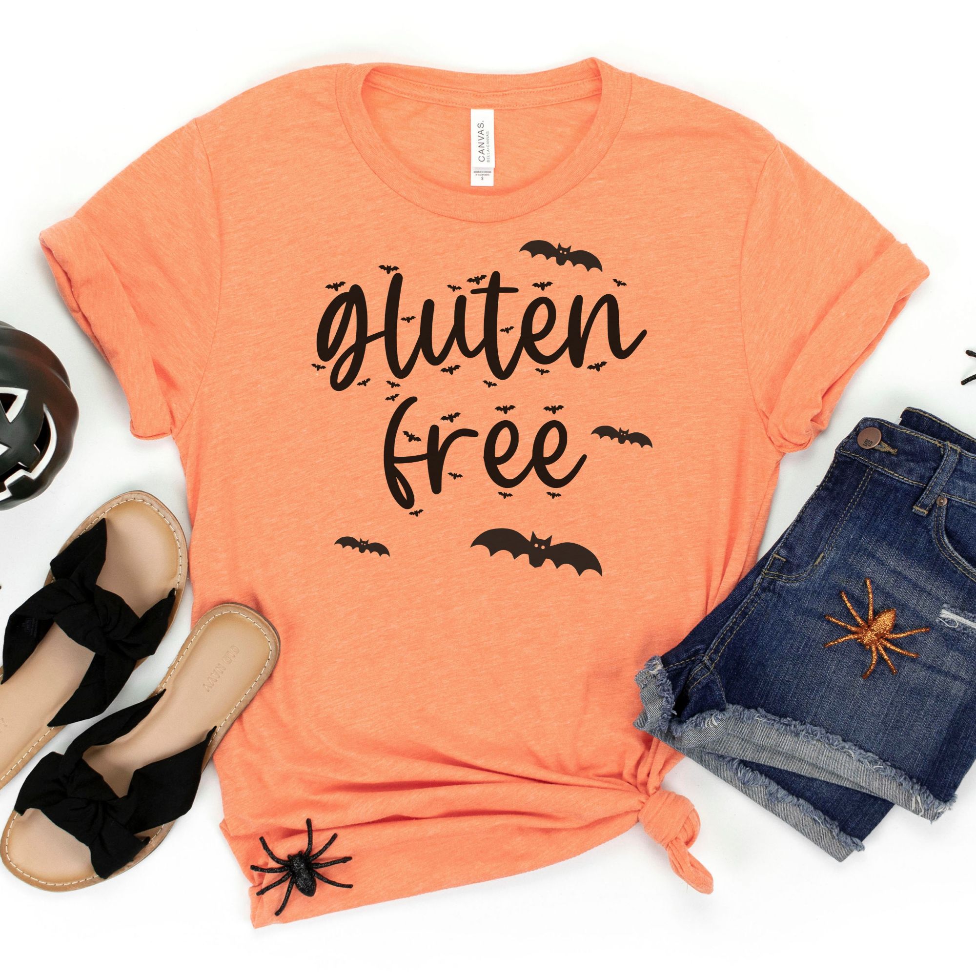SHIRTS-2024-Gluten-Free-Halloween-Shirt-BATS-ORANGE-1-Bella-3001-Womens