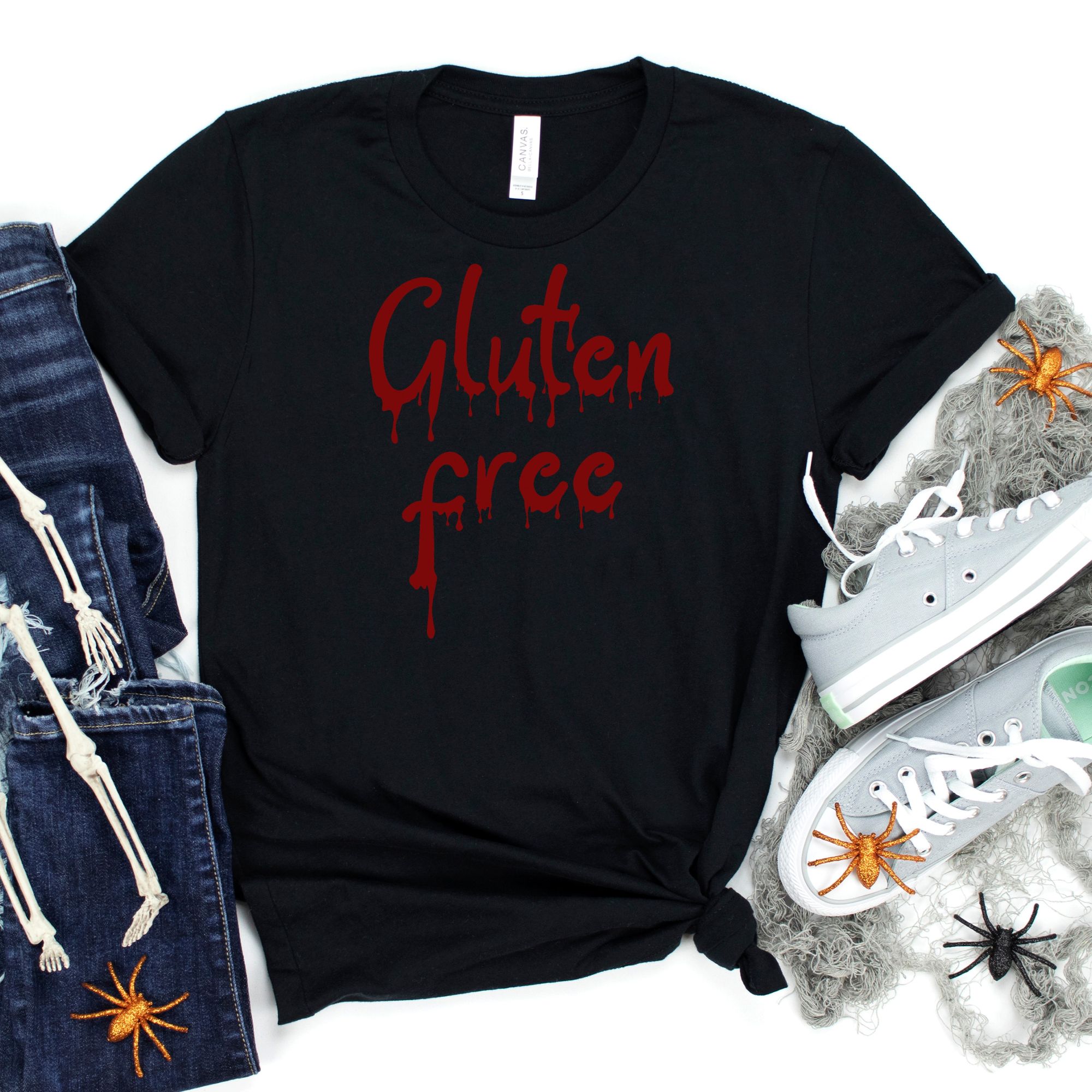 SHIRTS-2024-Gluten-Free-Halloween-Shirt-BLOOD-DRIP-BLACK-1-Bella-3001-Womens
