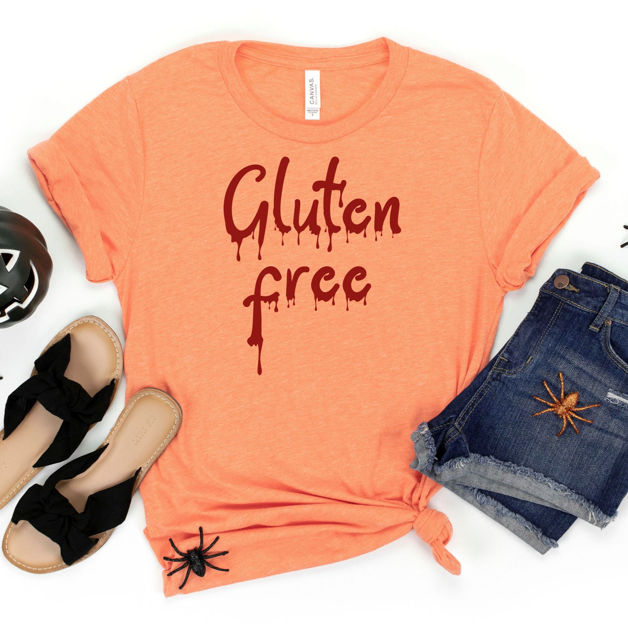 SHIRTS-2024-Gluten-Free-Halloween-Shirt-BLOOD-DRIP-ORANGE-1-Bella-3001-Womens