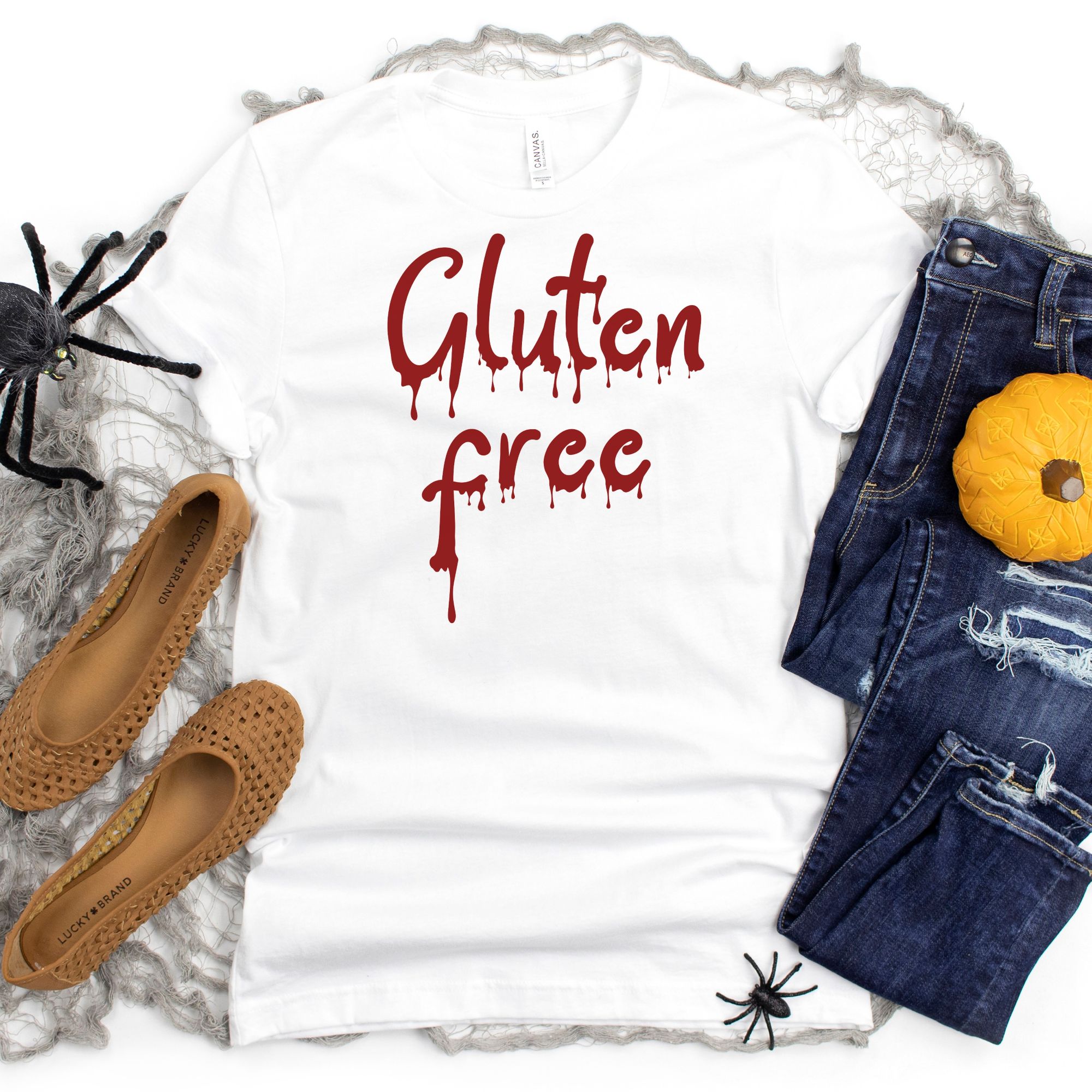 SHIRTS-2024-Gluten-Free-Halloween-Shirt-BLOOD-DRIP-WHITE-1-Bella-3001-Womens