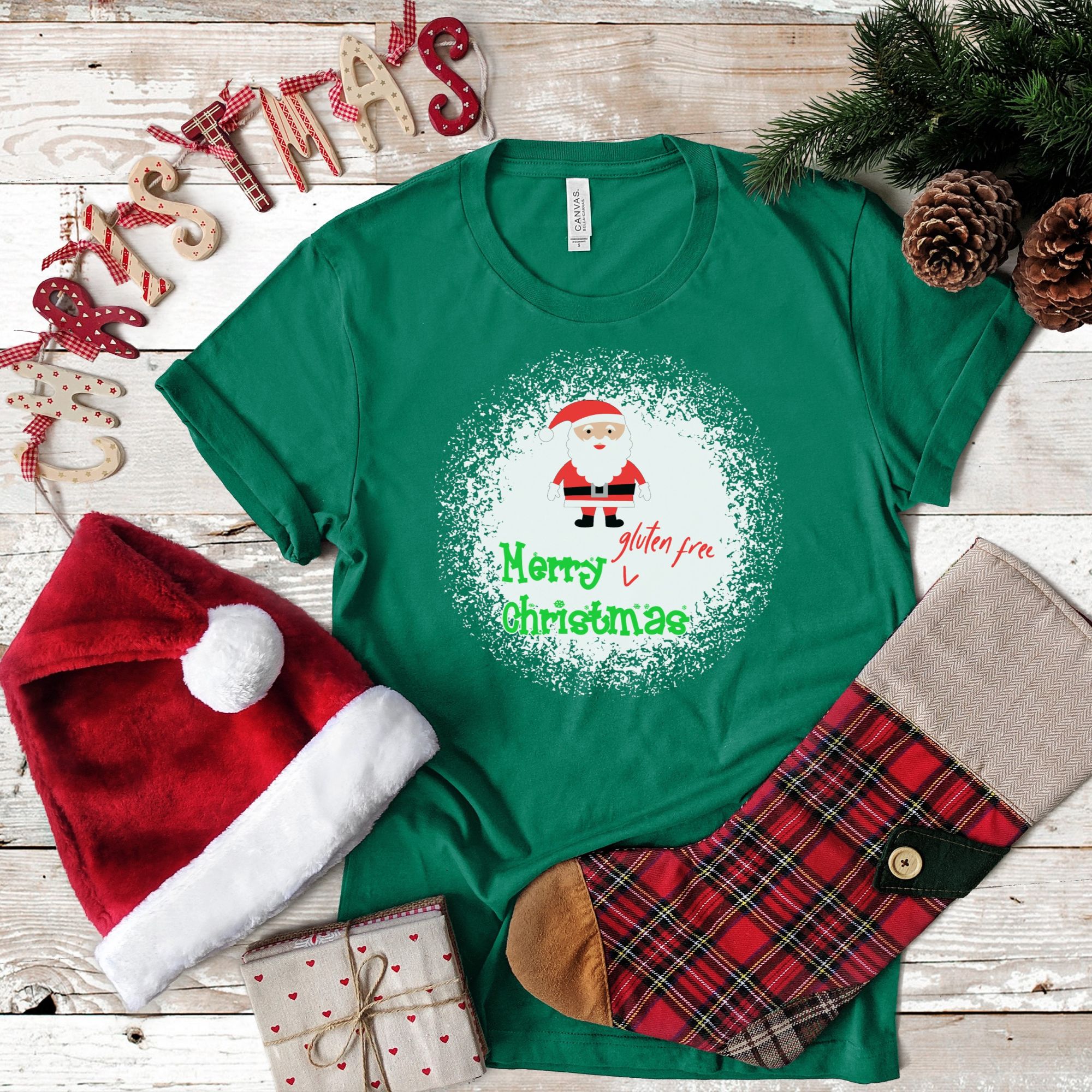 SHIRTS-2024-Merry-Gluten-Free-Christmas-SANTA-Shirt-GREEN-1-Bella-3001-Womens