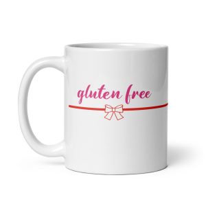 MUGS 2025 - Gluten Free Mug PINK TEXT & RED BOW handle-on-left