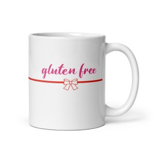 MUGS 2025 - Gluten Free Mug PINK TEXT & RED BOW handle-on-right